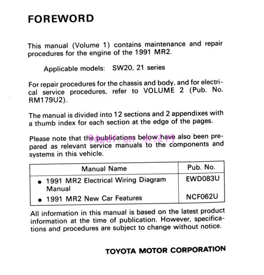 1991 丰田MR2 维修手册(英文)资料 SW20,21系列