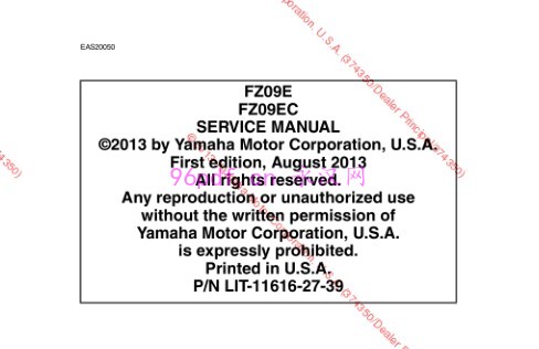 2014-2013 雅马哈FZ-09 维修手册资料 含电路图 扭矩数据 FZ09E FZ09EC(英文版)